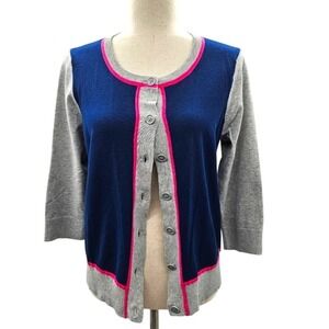Color Block Cardigan‎ Sweater Blue Gray Pink Trim 3/4 Sleeve Knit Top